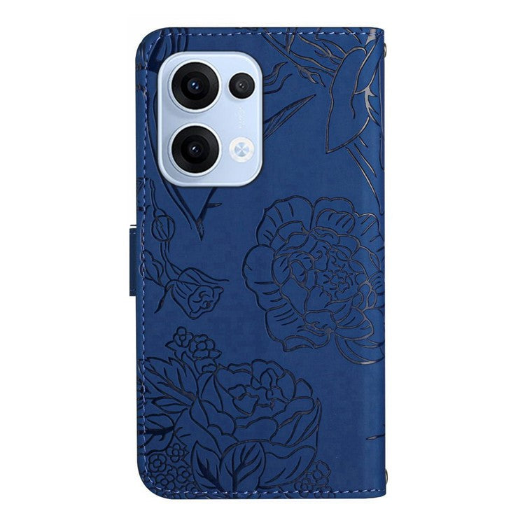 For Oppo Reno13 5G (Global) Case Butterfly Flower Imprinted Leather Phone Cover with Strap - Blue