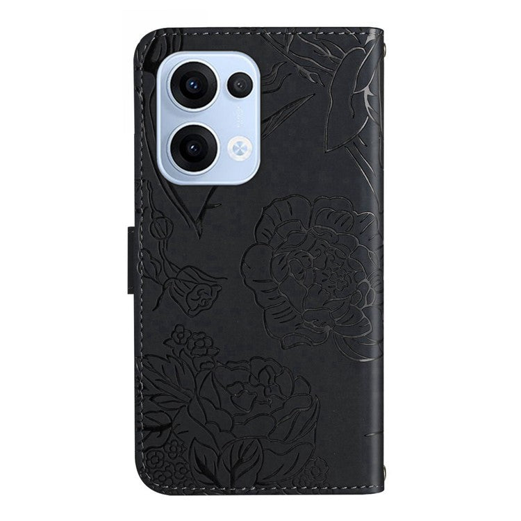 For Oppo Reno13 5G (Global) Case Butterfly Flower Imprinted Leather Phone Cover with Strap - Black