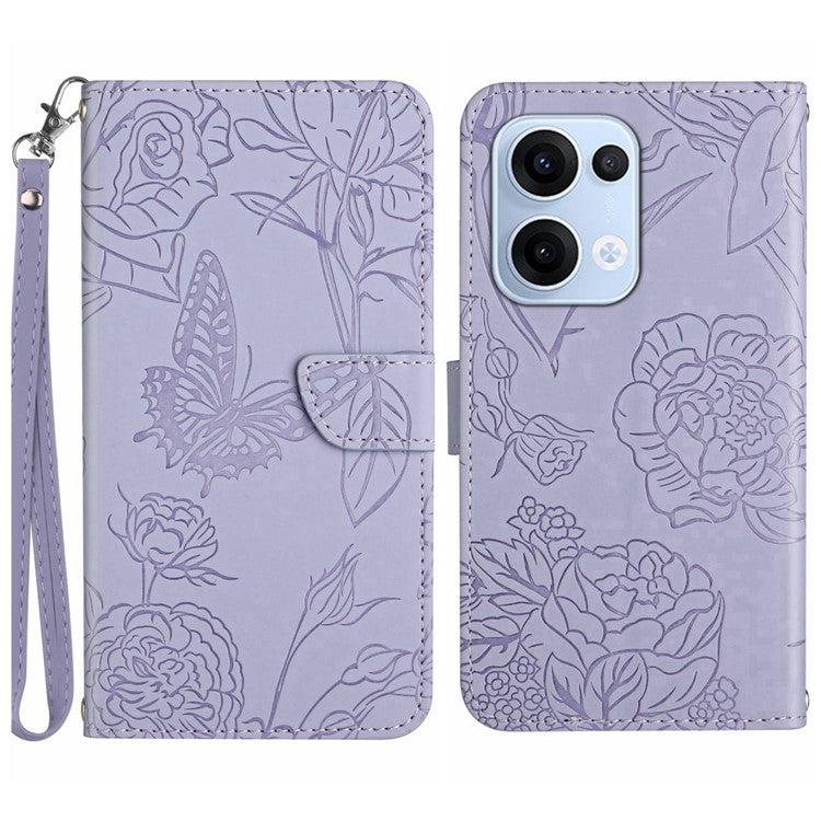 For Oppo Reno13 5G (Global) Case Butterfly Flower Imprinted Leather Phone Cover with Strap - Purple