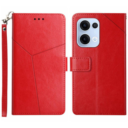 For Oppo Reno13 5G (Global) Case with Wrist Strap Y Shaped Lines Imprint Leather Phone Cover - Red