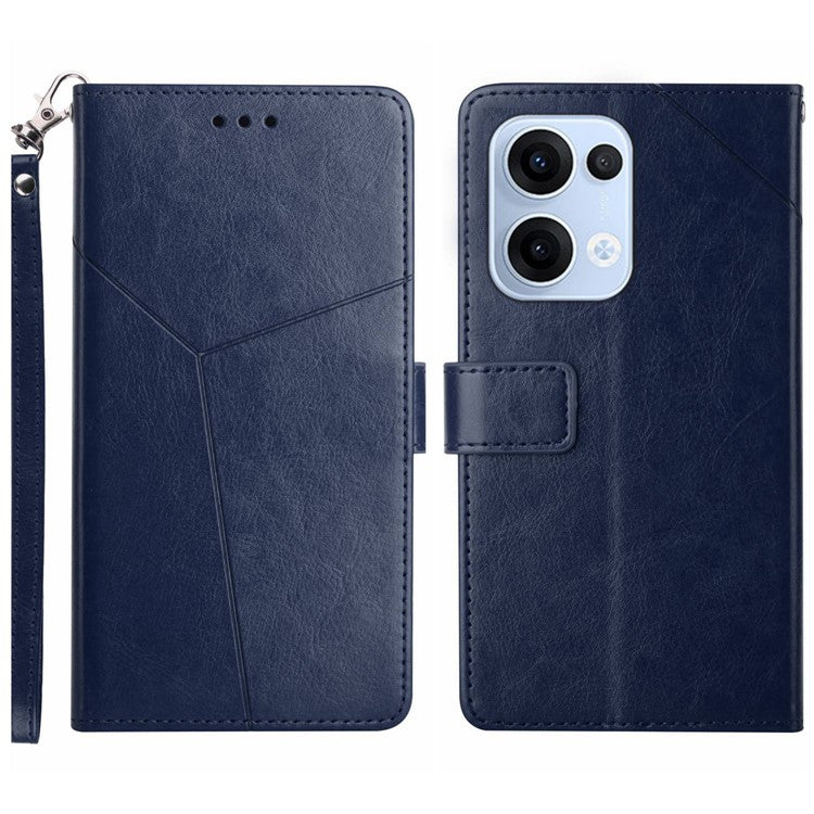 For Oppo Reno13 5G (Global) Case with Wrist Strap Y Shaped Lines Imprint Leather Phone Cover - Blue