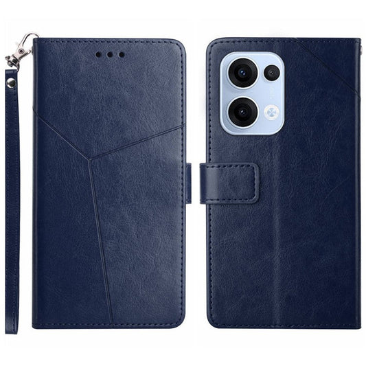 For Oppo Reno13 5G (Global) Case with Wrist Strap Y Shaped Lines Imprint Leather Phone Cover - Blue