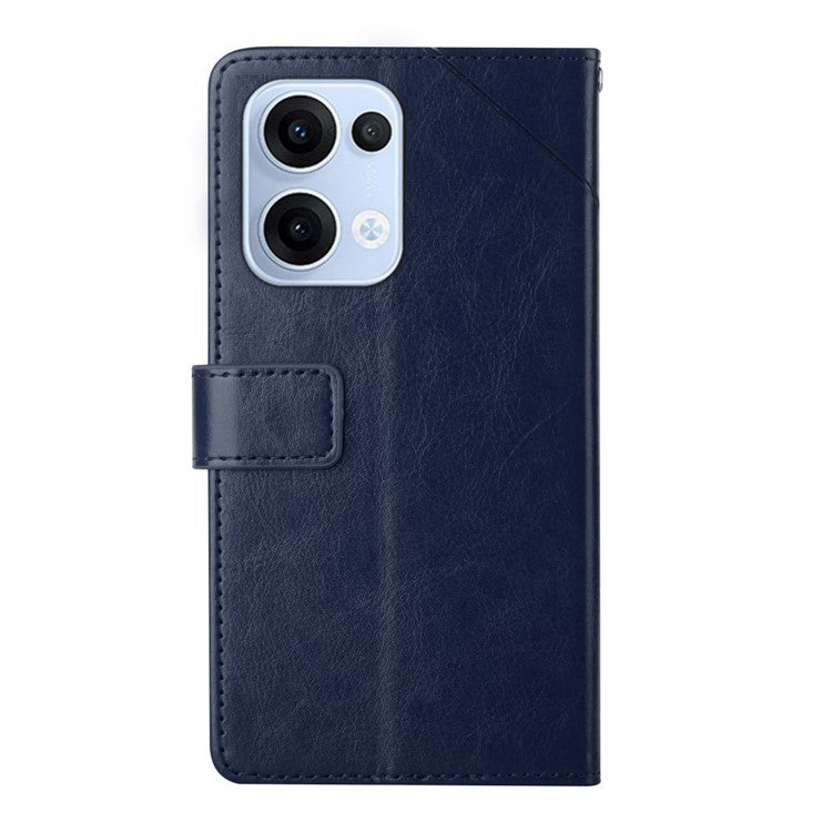 For Oppo Reno13 5G (Global) Case with Wrist Strap Y Shaped Lines Imprint Leather Phone Cover - Blue