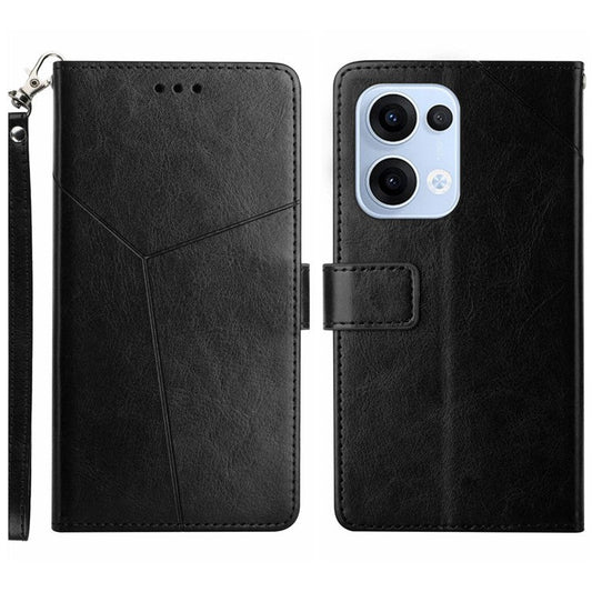 For Oppo Reno13 5G (Global) Case with Wrist Strap Y Shaped Lines Imprint Leather Phone Cover - Black