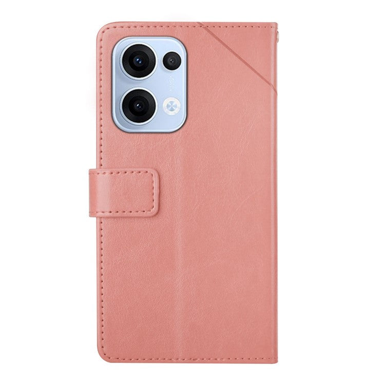 For Oppo Reno13 5G (Global) Case with Wrist Strap Y Shaped Lines Imprint Leather Phone Cover - Pink