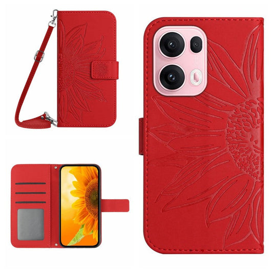 For Oppo Reno13 Pro 5G Case Sunflower Imprint PU Leather Phone Cover with Long Strap - Red