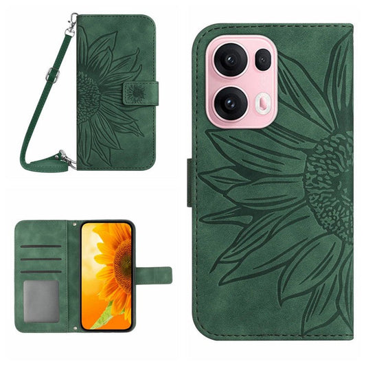 For Oppo Reno13 Pro 5G Case Sunflower Imprint PU Leather Phone Cover with Long Strap - Blackish Green
