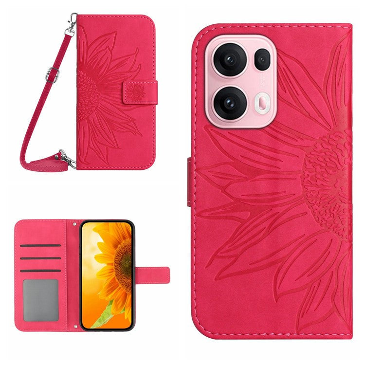 For Oppo Reno13 Pro 5G Case Sunflower Imprint PU Leather Phone Cover with Long Strap - Rose
