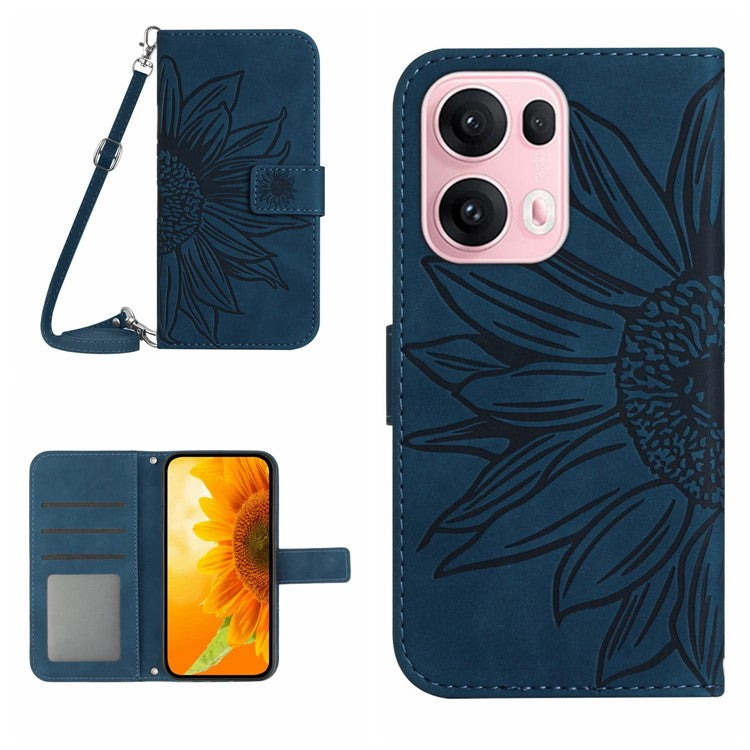For Oppo Reno13 Pro 5G Case Sunflower Imprint PU Leather Phone Cover with Long Strap - Dark Blue