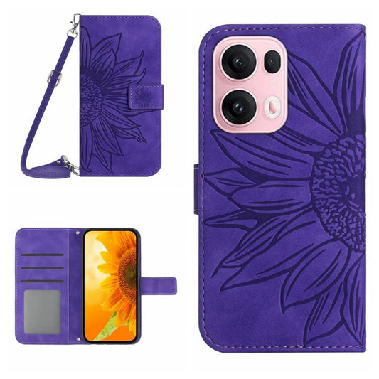 For Oppo Reno13 Pro 5G Case Sunflower Imprint PU Leather Phone Cover with Long Strap - Dark Purple