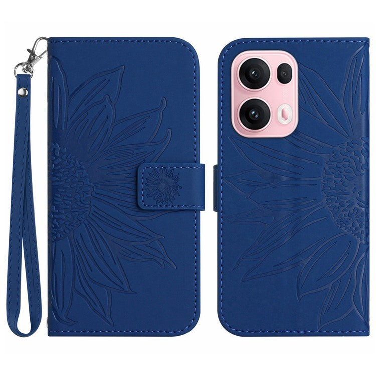 For Oppo Reno13 Pro 5G Case Sunflower Imprint Leather Wallet Phone Cover with Wrist Strap - Sapphire