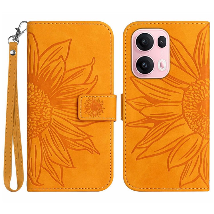 For Oppo Reno13 Pro 5G Case Sunflower Imprint Leather Wallet Phone Cover with Wrist Strap - Yellow