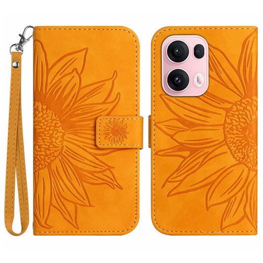 For Oppo Reno13 Pro 5G Case Sunflower Imprint Leather Wallet Phone Cover with Wrist Strap - Yellow