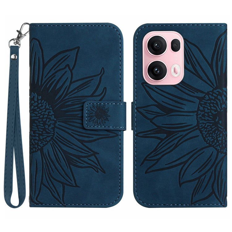 For Oppo Reno13 Pro 5G Case Sunflower Imprint Leather Wallet Phone Cover with Wrist Strap - Dark Blue
