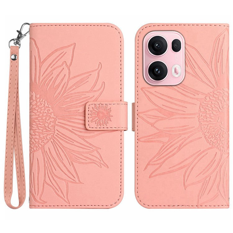 For Oppo Reno13 Pro 5G Case Sunflower Imprint Leather Wallet Phone Cover with Wrist Strap - Light Pink