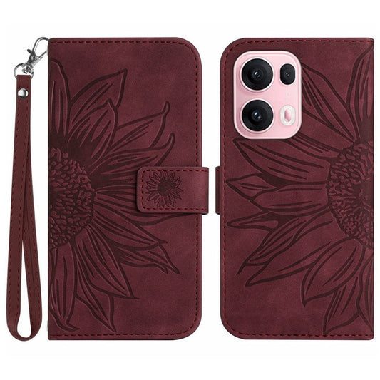 For Oppo Reno13 Pro 5G Case Sunflower Imprint Leather Wallet Phone Cover with Wrist Strap - Wine Red