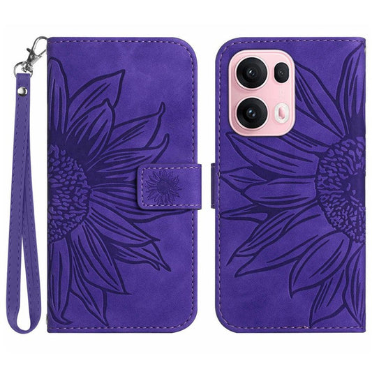 For Oppo Reno13 Pro 5G Case Sunflower Imprint Leather Wallet Phone Cover with Wrist Strap - Dark Purple