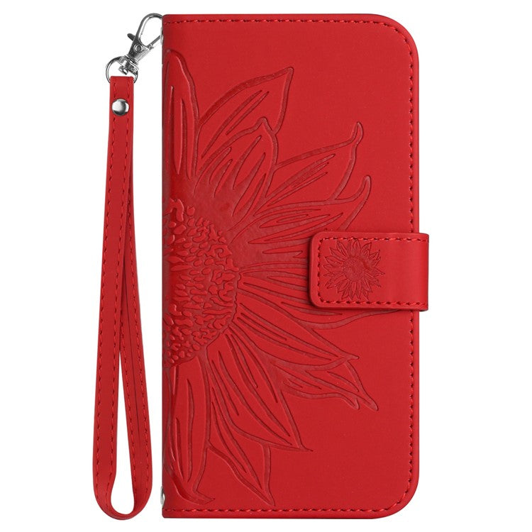 For Oppo Reno13 Pro 5G Case Sunflower Imprint Leather Wallet Phone Cover with Wrist Strap - Red
