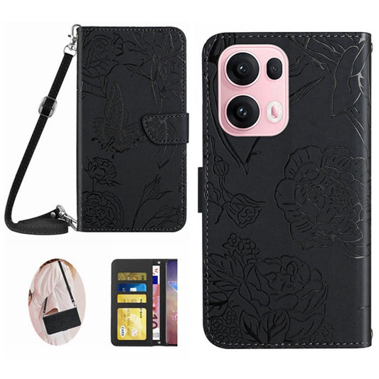 For Oppo Reno13 Pro 5G Case Butterfly Flower Imprint Leather Phone Cover with Shoulder Strap - Black