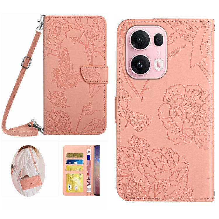For Oppo Reno13 Pro 5G Case Butterfly Flower Imprint Leather Phone Cover with Shoulder Strap - Pink