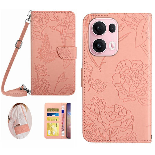 For Oppo Reno13 Pro 5G Case Butterfly Flower Imprint Leather Phone Cover with Shoulder Strap - Pink