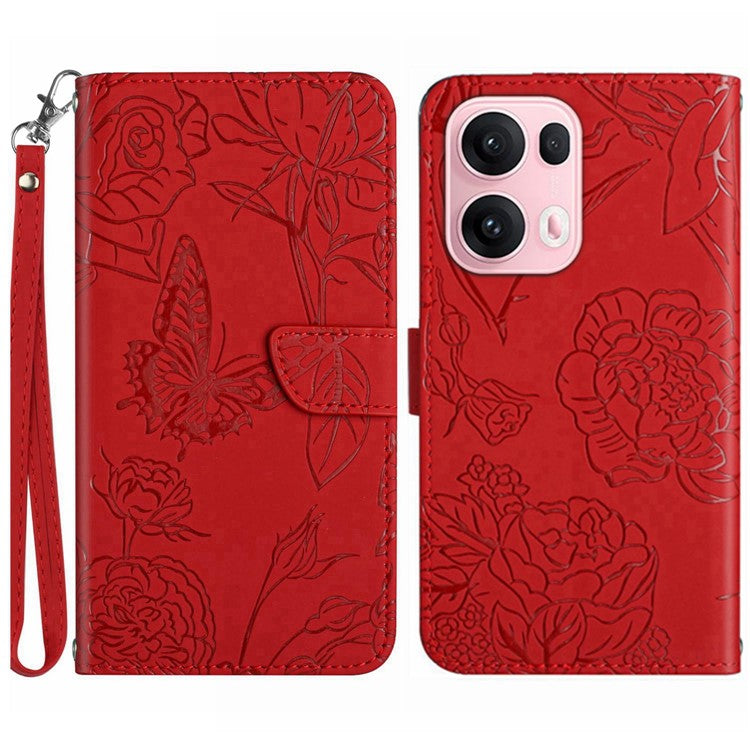 For Oppo Reno13 Pro 5G Case Butterfly Flower Imprinted Leather Phone Cover with Strap - Red