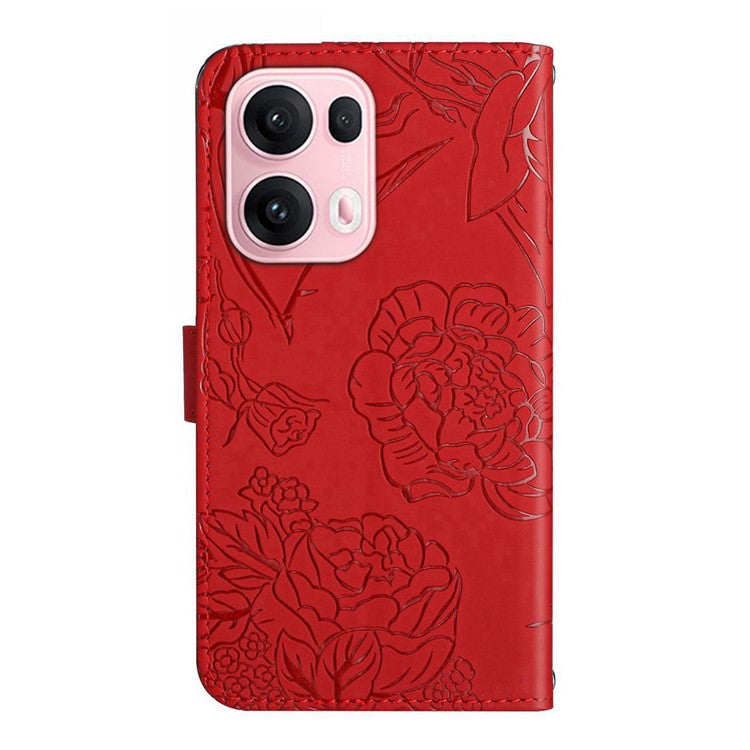 For Oppo Reno13 Pro 5G Case Butterfly Flower Imprinted Leather Phone Cover with Strap - Red