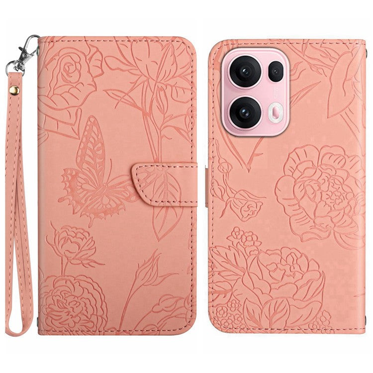 For Oppo Reno13 Pro 5G Case Butterfly Flower Imprinted Leather Phone Cover with Strap - Pink