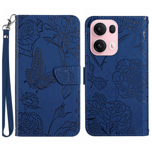 For Oppo Reno13 Pro 5G Case Butterfly Flower Imprinted Leather Phone Cover with Strap - Blue