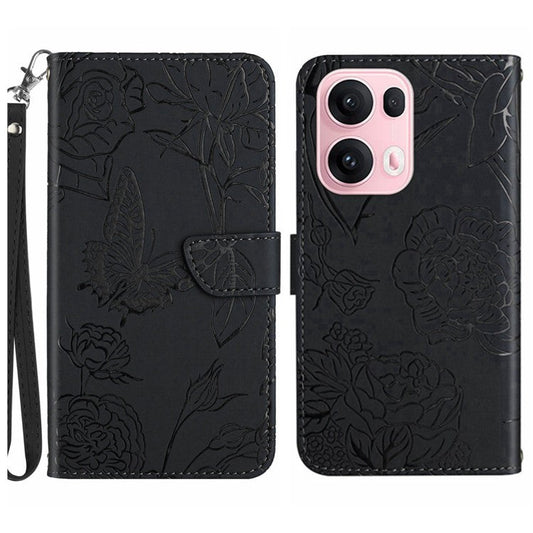 For Oppo Reno13 Pro 5G Case Butterfly Flower Imprinted Leather Phone Cover with Strap - Black