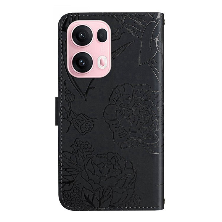 For Oppo Reno13 Pro 5G Case Butterfly Flower Imprinted Leather Phone Cover with Strap - Black