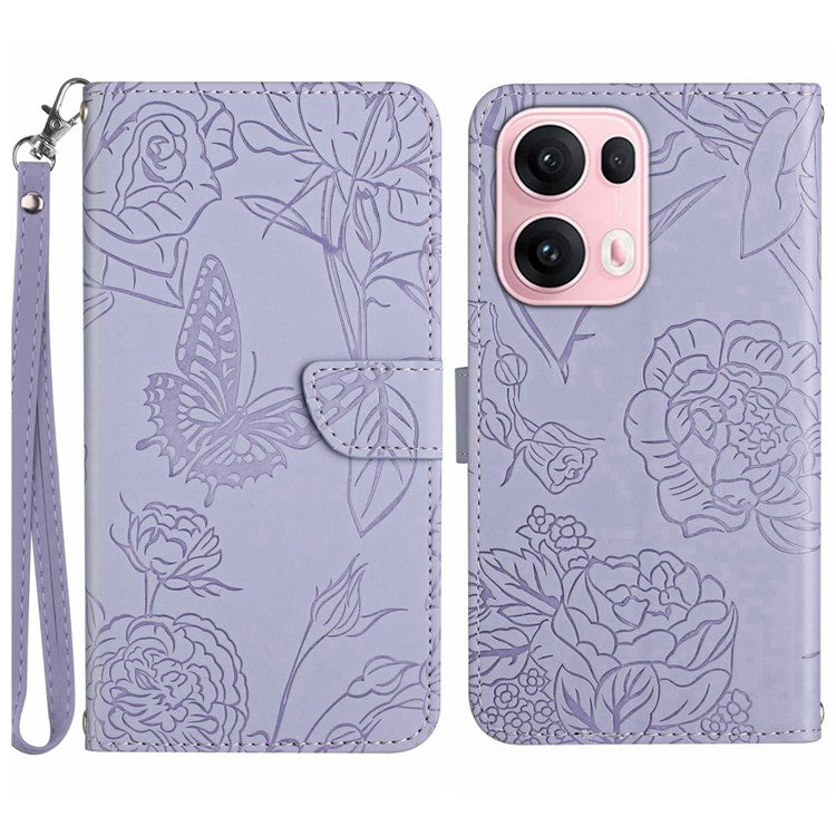 For Oppo Reno13 Pro 5G Case Butterfly Flower Imprinted Leather Phone Cover with Strap - Purple