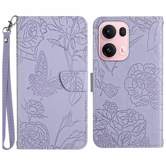 For Oppo Reno13 Pro 5G Case Butterfly Flower Imprinted Leather Phone Cover with Strap - Purple