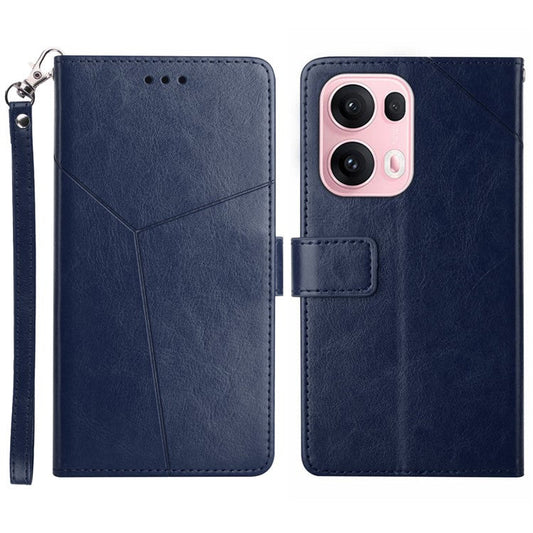 For Oppo Reno13 Pro 5G Case with Wrist Strap Y Shaped Lines Imprint Leather Phone Cover - Black