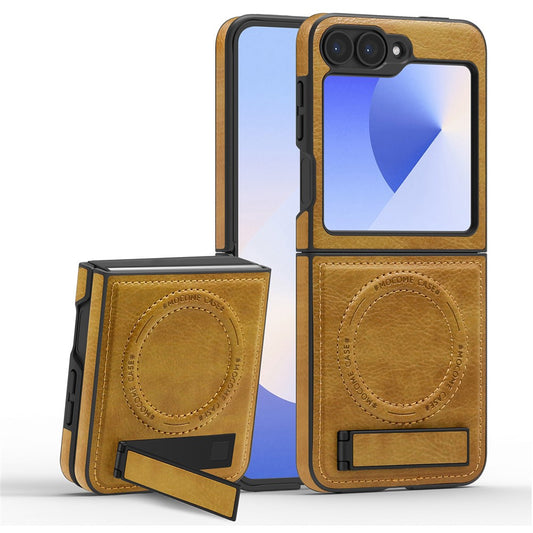 For Samsung Galaxy Z Flip7 FE 5G / Z Flip6 5G Case Compatible with MagSafe Kickstand Leather Phone Back Cover  - Brown