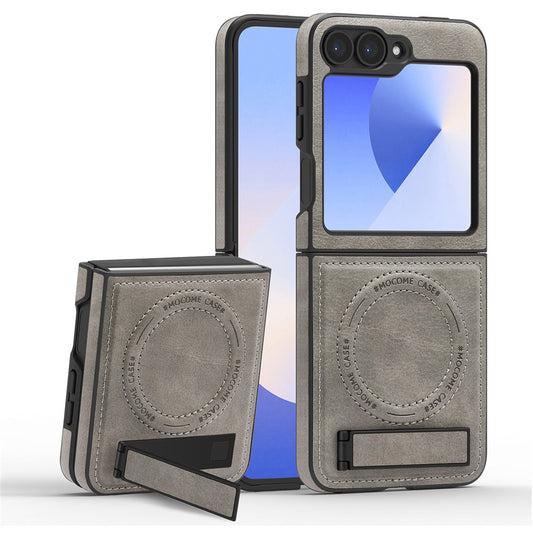 For Samsung Galaxy Z Flip7 FE 5G / Z Flip6 5G Case Compatible with MagSafe Kickstand Leather Phone Back Cover  - Grey