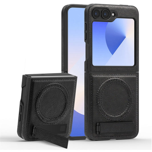 For Samsung Galaxy Z Flip7 FE 5G / Z Flip6 5G Case Compatible with MagSafe Kickstand Leather Phone Back Cover  - Black