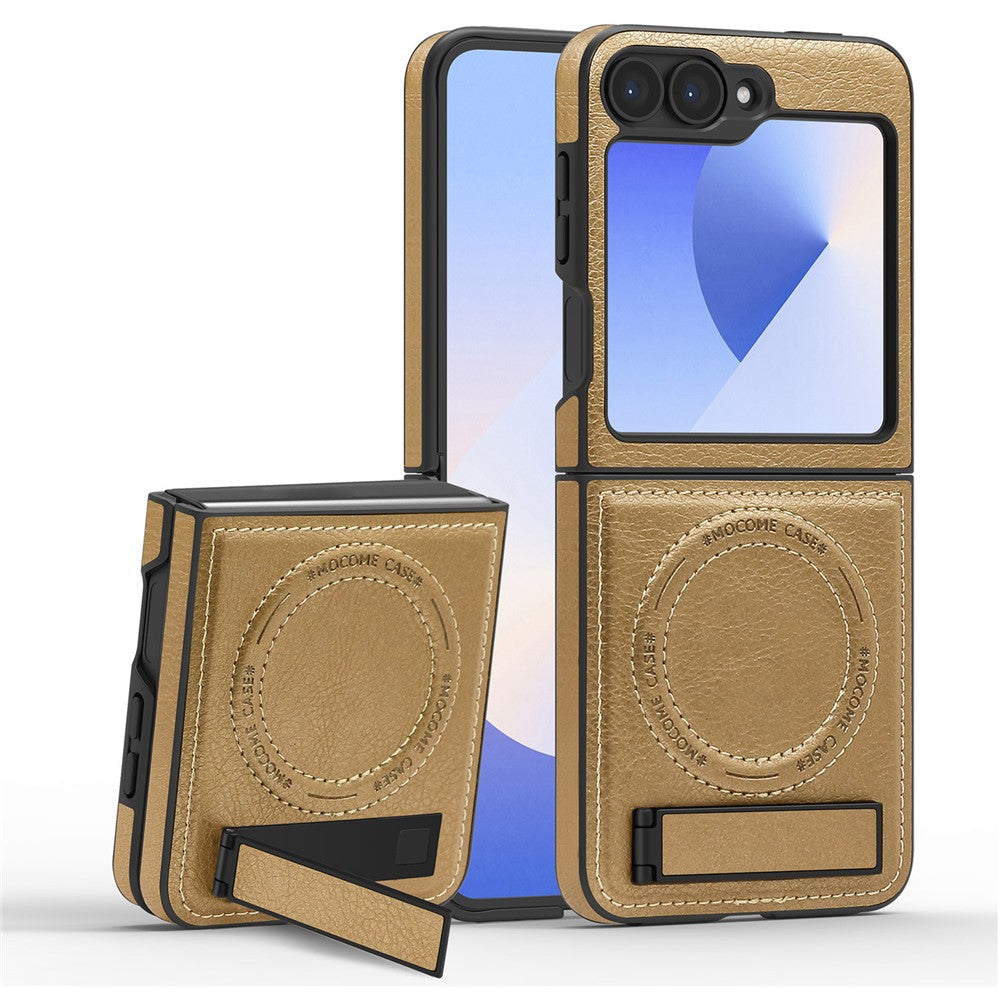 For Samsung Galaxy Z Flip7 FE 5G / Z Flip6 5G Case Compatible with MagSafe Kickstand Leather Phone Back Cover  - Desert Gold
