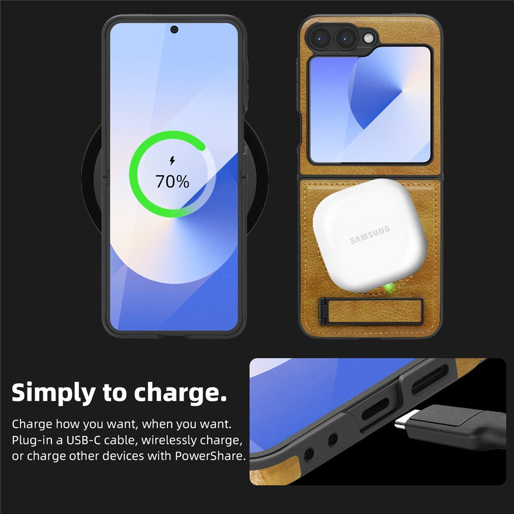 For Samsung Galaxy Z Flip7 FE 5G / Z Flip6 5G Case Compatible with MagSafe Kickstand Leather Phone Back Cover  - Desert Gold