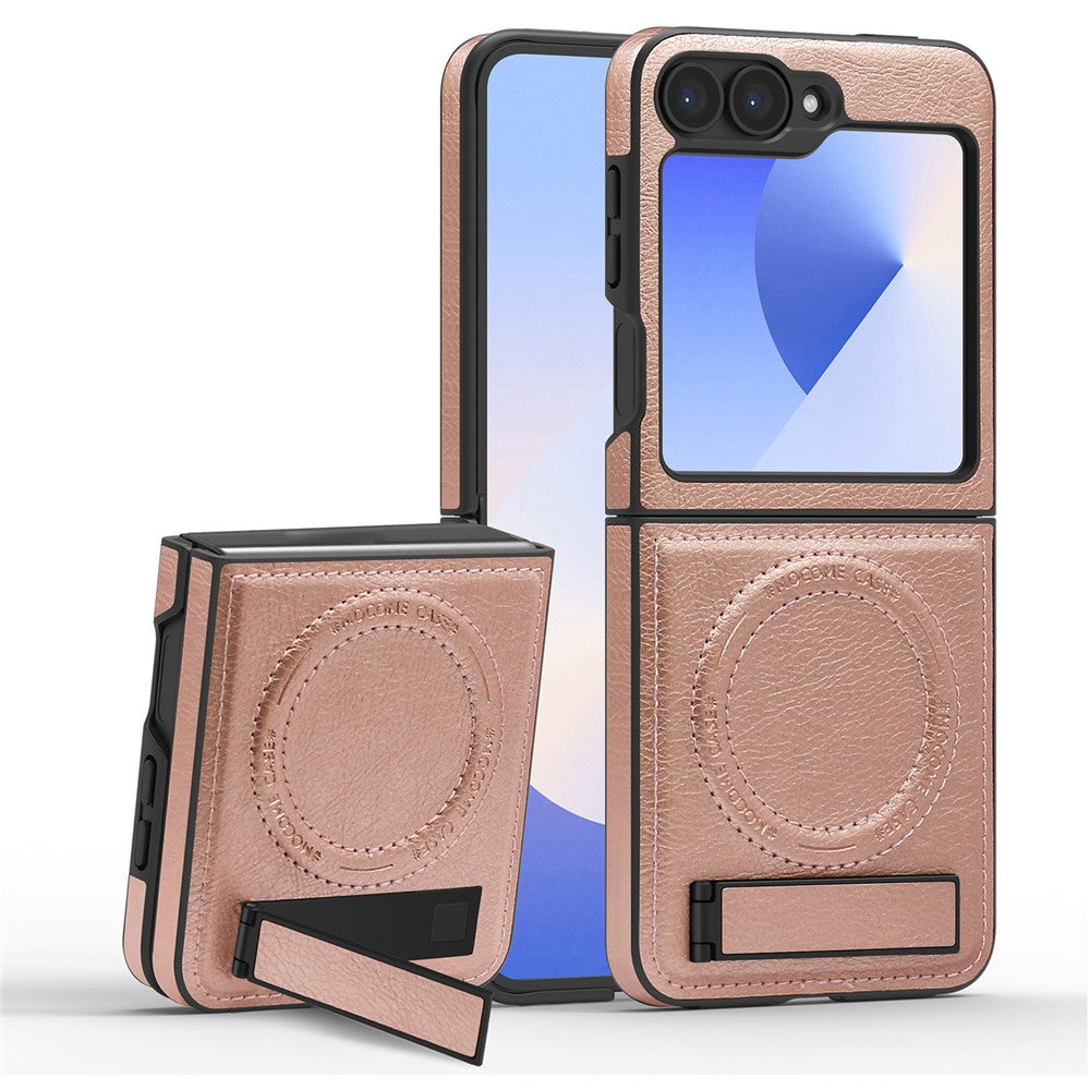 For Samsung Galaxy Z Flip7 FE 5G / Z Flip6 5G Case Compatible with MagSafe Kickstand Leather Phone Back Cover  - Rose Gold