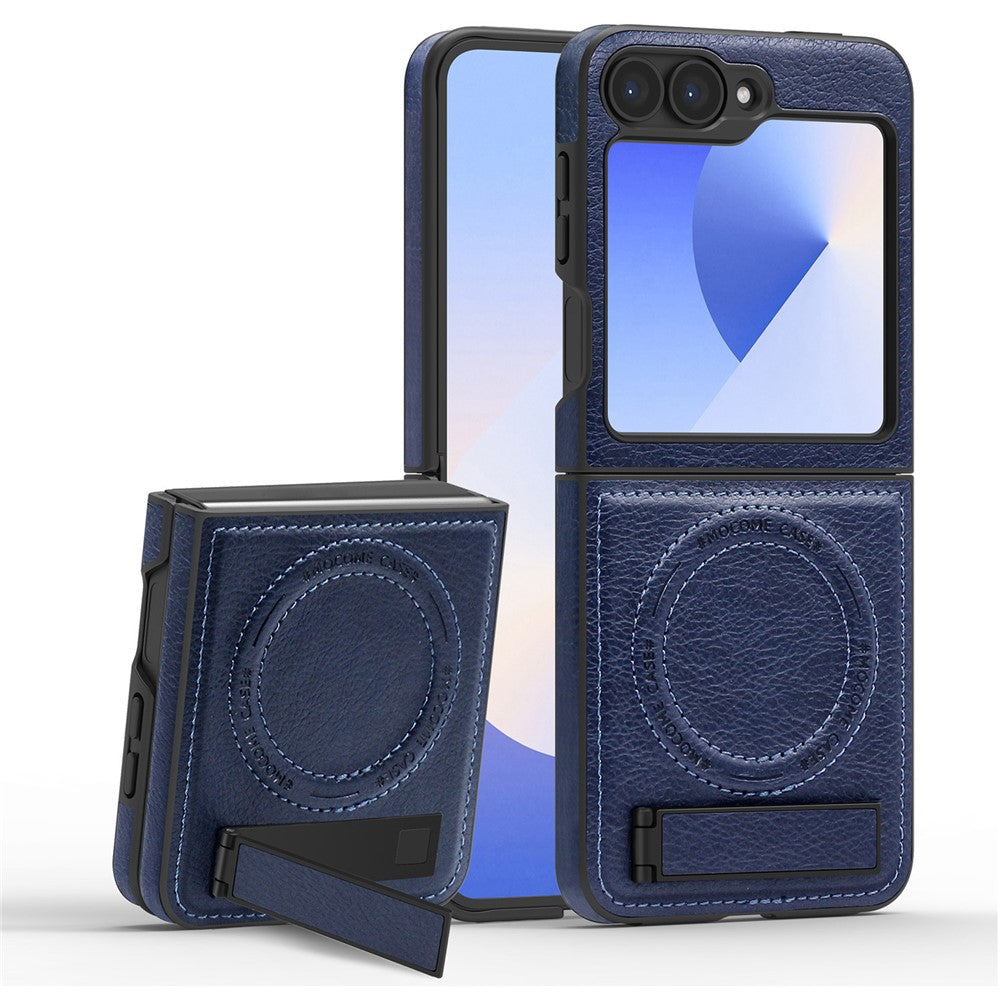 For Samsung Galaxy Z Flip7 FE 5G / Z Flip6 5G Case Compatible with MagSafe Kickstand Leather Phone Back Cover  - Sapphire
