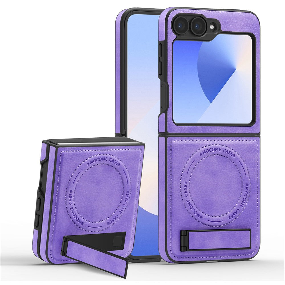 For Samsung Galaxy Z Flip7 FE 5G / Z Flip6 5G Case Compatible with MagSafe Kickstand Leather Phone Back Cover  - Light Purple