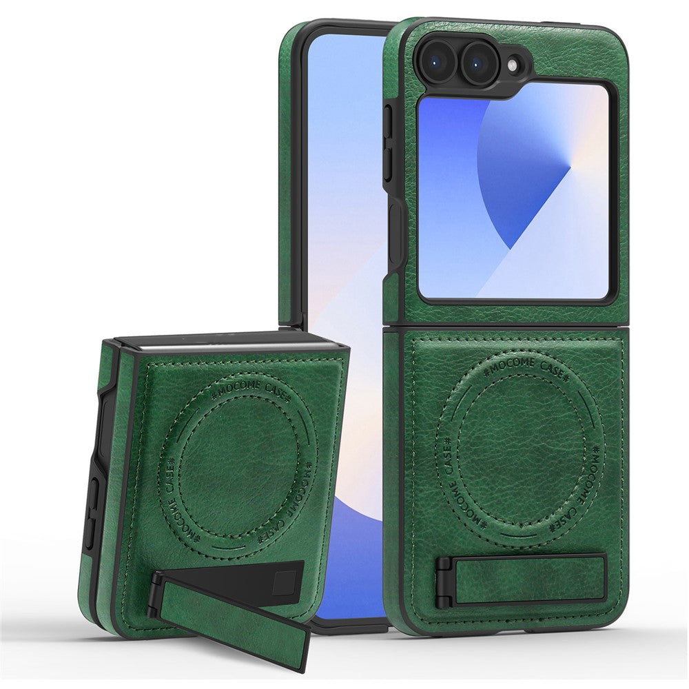 For Samsung Galaxy Z Flip7 FE 5G / Z Flip6 5G Case Compatible with MagSafe Kickstand Leather Phone Back Cover  - Blackish Green