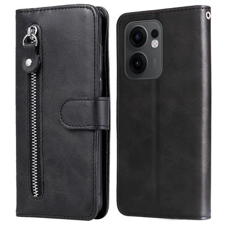 For Oppo Reno13 F 5G Case Zipper Wallet Calf Texture PU Leather Phone Cover - Black