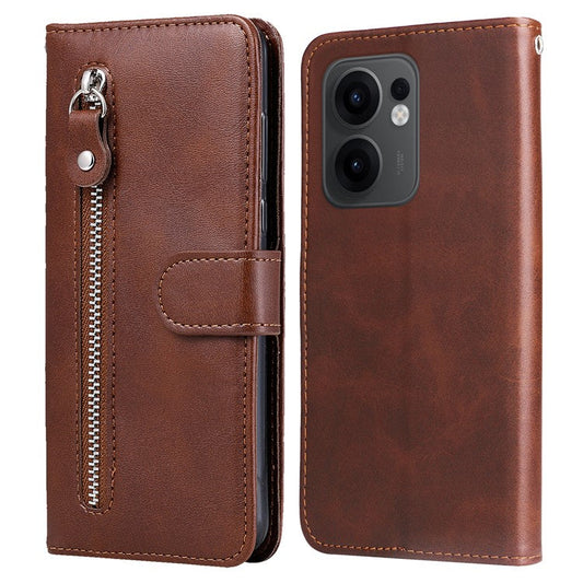 For Oppo Reno13 F 5G Case Zipper Wallet Calf Texture PU Leather Phone Cover - Brown