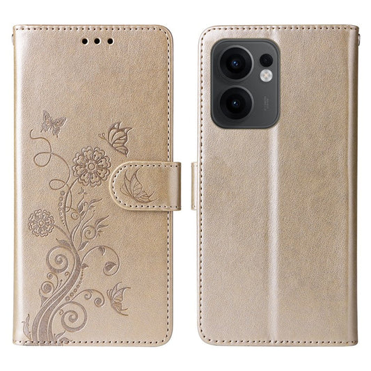 For Oppo Reno13 F 5G Leather Case Butterfly Floral Imprint Wallet Stand Cover - Gold