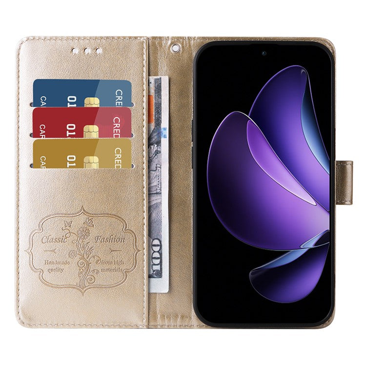 For Oppo Reno13 F 5G Leather Case Butterfly Floral Imprint Wallet Stand Cover - Gold