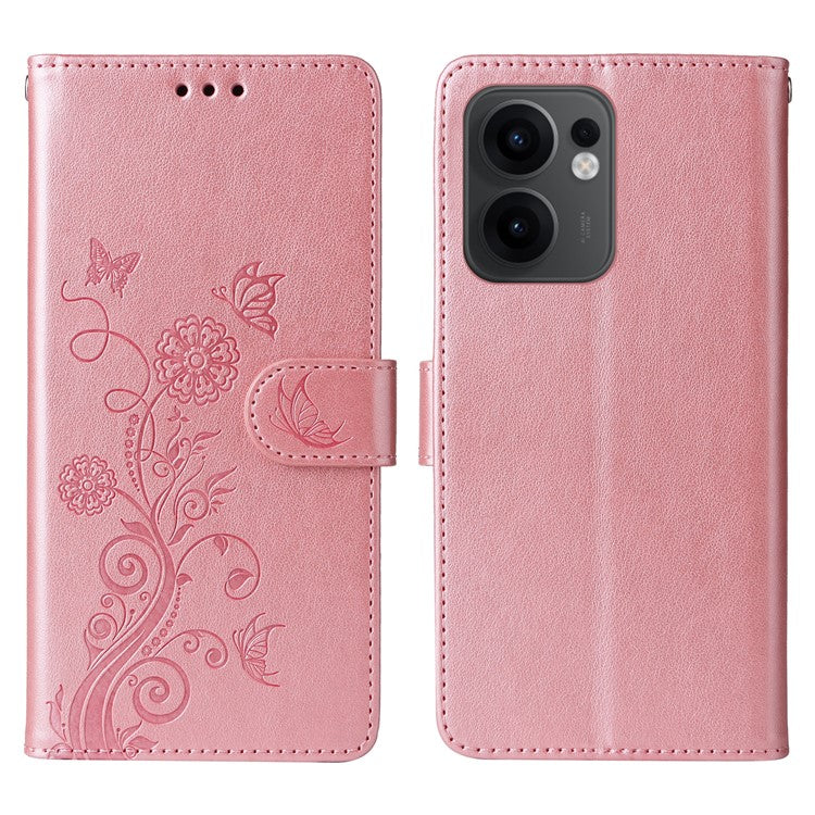 For Oppo Reno13 F 5G Leather Case Butterfly Floral Imprint Wallet Stand Cover - Pink
