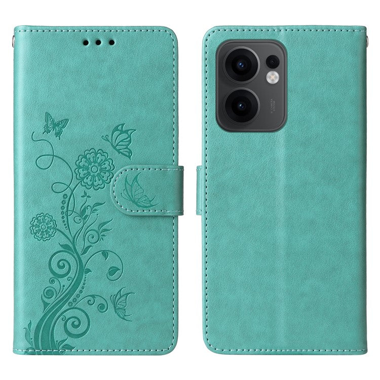 For Oppo Reno13 F 5G Leather Case Butterfly Floral Imprint Wallet Stand Cover - Green
