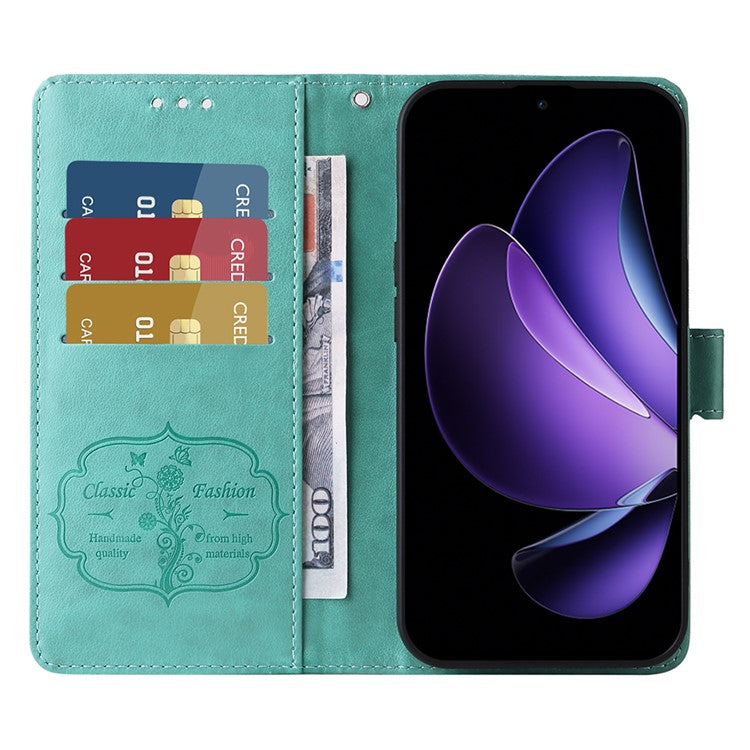 For Oppo Reno13 F 5G Leather Case Butterfly Floral Imprint Wallet Stand Cover - Green